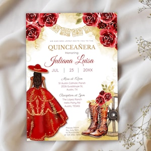Red Gold Quinceañera Invitation, Mis Quince, Mexican Charra Cowgirl Boots, Editable Canva QR09