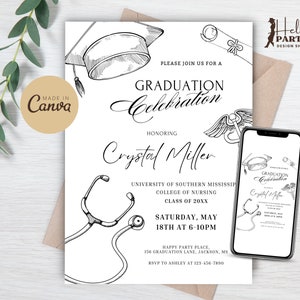 May include: A black and white graduation invitation for Crystal Miller, a graduate of the University of Southern Mississippi College of Nursing, Class of 20XX. The invitation features a stethoscope, a graduation cap, and a scroll. The text "Graduation Celebration" is written in a decorative font.