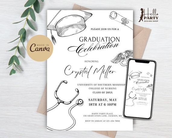 Editable Minimalist Nursing Graduation Party Invitation - Nurse Practitioner Digital Invite College Grad Black Printable Template NP GPG8