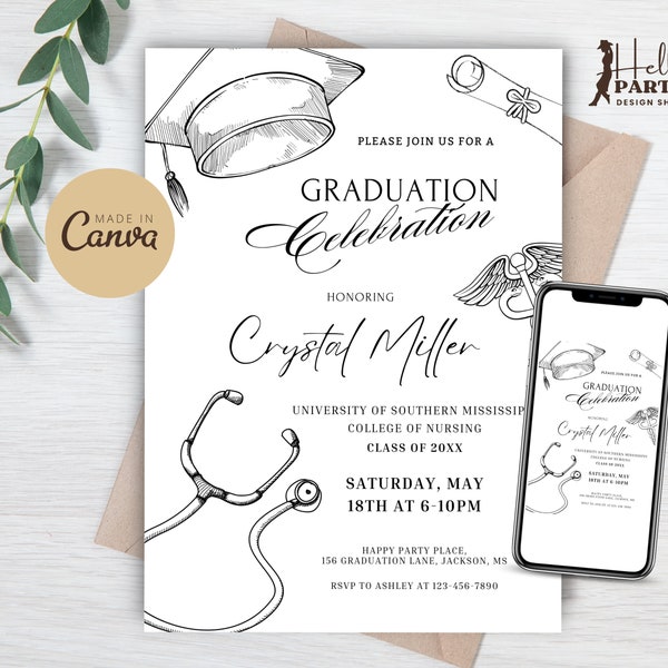Editable Minimalist Nursing Graduation Party Invitation - Nurse Practitioner Digital Invite College Grad Black Printable Template NP GPG8