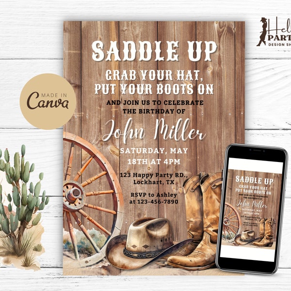 Editable "Saddle Up" Birthday Invitation - Wild West Cowboy Digital Party Invite Rustic Country Boots Hat Wood Printable Canva Template CB