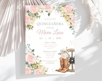 Rosa Gold-Elfenbein Quinceaña-Einladung, Blumen-Cowgirl-Quinte-Einladung, Western, bearbeitbare Canva QI6