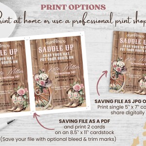 May include: A printable invitation for a 30th birthday party with a western theme. The invitation features a wooden background with a saddle, hat, and boots. The text reads "Saddle Up Grab Your Hat, Put Your Boots On and Join Us to Celebrate Kate Miller is turning 30! Saturday, May 18th at 4PM 123 Happy Party Rd. Lockhart, TX RSVP to Ashley at 123-456-7850".