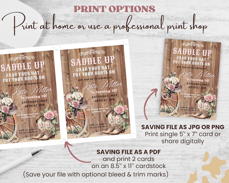 May include: A printable invitation for a 30th birthday party with a western theme. The invitation features a wooden background with a saddle, hat, and boots. The text reads "Saddle Up Grab Your Hat, Put Your Boots On and Join Us to Celebrate Kate Miller is turning 30! Saturday, May 18th at 4PM 123 Happy Party Rd. Lockhart, TX RSVP to Ashley at 123-456-7850".