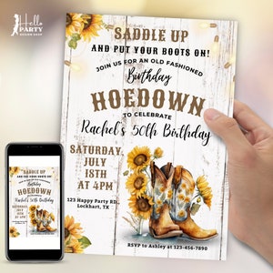 Sunflower Hoedown Cowgirl 50th Birthday Party Invitation - Western Boots Digital Invite Rustic Country Floral Barn Dance Template CG39