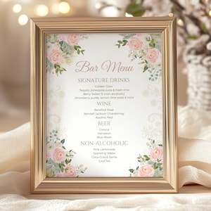 Editable Pink Gold Quinceañera Bar Menu Sign, Floral Sweet Sixteen Party Decor QI6
