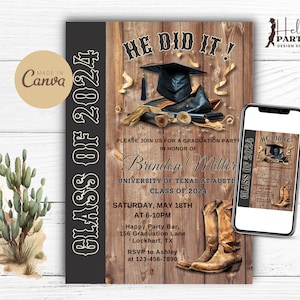 Bearbeitbare Western-Abschlussfeier-Einladung - Digitale Einladung Rustikale Land-College-Graduiertenkappe Cowboystiefel Druckbare Vorlagenklasse von DPB15
