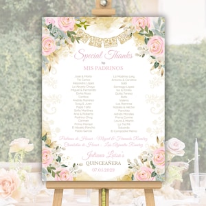 Peut inclure: Panneau décoratif pour une Quinceañera, avec un design floral de roses roses et des accents dorés. Le panneau comprend le texte "Special Thanks to MIS PADRINOS" et le nom "Juliana Luisa's QUINCEAÑERA" avec la date 07.03.2029.