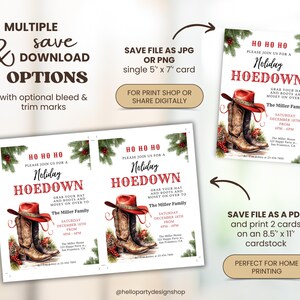 K&ouml;nnte beinhalten: Eine digitale Einladungsvorlage f&uuml;r eine Holiday Hoedown Party mit einem roten Cowboyhut und braunen Lederstiefeln, Tannenzweigen und Stechpalmenbeeren. Der Text enth&auml;lt Ho Ho Ho, Holiday Hoedown und Veranstaltungsdetails auf einer 12,7 x 17,8 cm Karte.