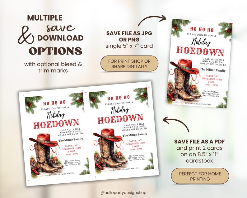 K&ouml;nnte beinhalten: Eine digitale Einladungsvorlage f&uuml;r eine Holiday Hoedown Party mit einem roten Cowboyhut und braunen Lederstiefeln, Tannenzweigen und Stechpalmenbeeren. Der Text enth&auml;lt Ho Ho Ho, Holiday Hoedown und Veranstaltungsdetails auf einer 12,7 x 17,8 cm Karte.