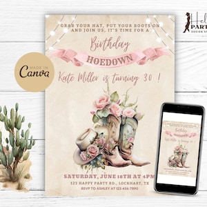 Invito alla festa di compleanno modificabile con cowgirl in rosa con hoedown - Invito digitale con stivali western Modello stampabile con rose floreali rustiche di campagna CP