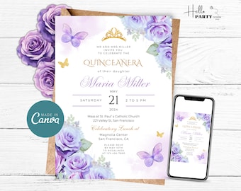 Pode incluir: Um convite de Quinceañera roxo e dourado com um design floral em aquarela. O convite apresenta uma borboleta, uma coroa e o texto "Quinceañera Maria Miller" e "Maio 21, 2024".