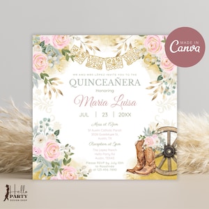 Carte carrée d'invitation de Quinceañera rose or ivoire, invitation florale de coing, invitation western de Quinceañera carré, invitation de coing Mis cow-girl QI6bs