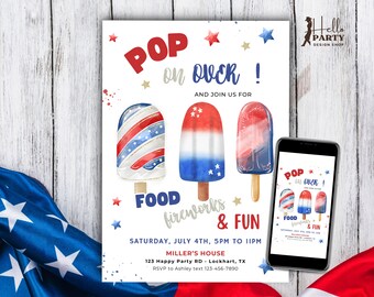 Bearbeitbare 4. Juli Einladung, Popsicle Food Feuerwerk Spaß, Pop On Over, druckbare Vorlage