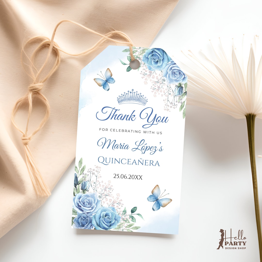 Etiqueta de agradecimiento editable en azul polvoriento para quinceañera:  etiqueta de recuerdo imprimible para fiesta de 15 años, corona de mariposa,  ..., image size:1080x1080