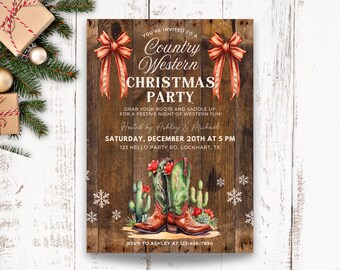 May include: A rectangular invitation card with a dark wood grain background featuring two red and gold striped bows at the top. The text reads: You're invited to a Country Western Christmas Party, grab your boots and saddle up for a festive night of western fun, hosted by Ashley & Michael, Saturday, December 20th at 5 PM, 123 Hello Party Rd, Lockhart, TX. At the bottom are two green and brown cowboy boots surrounded by cacti, red flowers, and white snowflakes.
