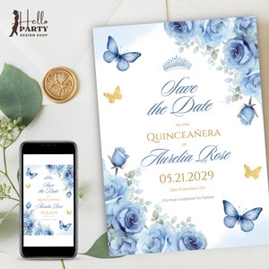 Modello di invito per festa di compleanno modificabile blu e oro Quinceañera Save The Date - Tiara 15th Birthday Modello di invito per festa modificabile Mis Quince Anos Butterfly Crown QB1