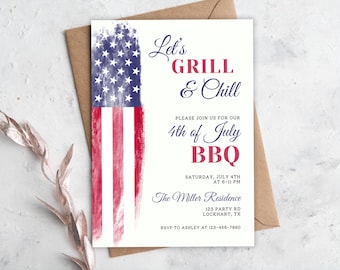 4. Juli BBQ-Einladung, bearbeitbare Grill- und Chill-Vorlage, amerikanische Flagge, bearbeitbare Canva