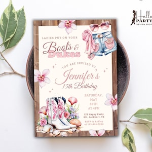Modello di invito per festa di compleanno di cowgirl costiera, invito con stivali rosa e Dukes, invito per ragazza western, invito con conchiglia floreale da donna di campagna CP14