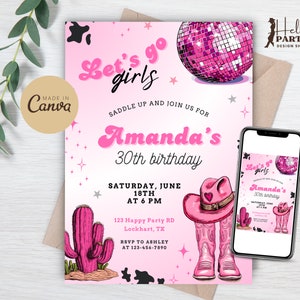 Modello di invito per festa di compleanno per ragazze rosa caldo - Spazio Disco Cowgirl Party Rodeo Western Digital Invito Country Lady Boots CP10