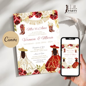 Invitación de quinceañera de hermanas gemelas en rojo burdeos, blanco dorado y botas charras, invitación editable para fiesta de cumpleaños número 15 del oeste, Mis Quince QR15