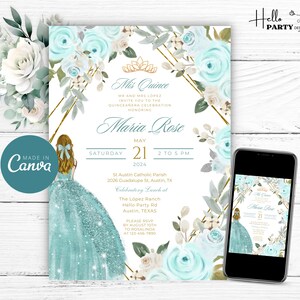 Mint Blue Quinceañera Invitation, Mint Green Gold Quince Invite, 15th Birthday Princess Invite, Gold Crown Mis Quince Party, Butterfly QMG3
