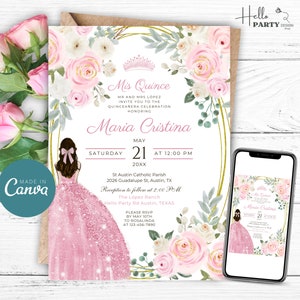 Faire-part de Quinceañera en or rose blush rose, 15e anniversaire d&#39;invitation modifiable de couronne de princesse, élégant Mis Quince XV Sweet Sixteen, Canva QPP5