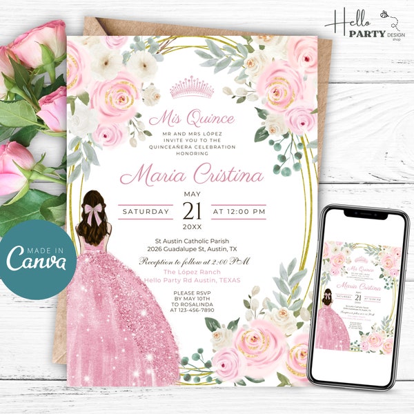 Pink Blush Rose Gold Quinceañera Invitation, Tiara 15th Birthday Editable Princess Crown Party Invite Template, Elegant Mis Quince Anos