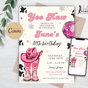 Modello di invito festa di compleanno retrò Yee Haw - Hot Pink Disco Cowgirl Party Rodeo Western Digital Canva Invite Country Lady Boots CP3
