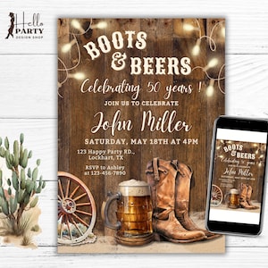 Puede incluir: Una invitación de temática rústica para una fiesta de cumpleaños número 50 con el texto "Boots & Beers Celebrating 50 years! Join us to celebrate John Miller Saturday, May 18th at 4pm 123 Happy Party RD., Lockhart, TX RSVP to Ashley at 123-456-7890". La invitación presenta un fondo de madera con luces de cadena, una jarra de cerveza, botas de vaquero y una rueda de carro.