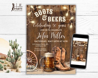Invitación "Botas y Cervezas", Invitación de Cumpleaños del Oeste, Cumpleaños Vaquero, Botas y Cervezas, Fiesta Rústica de 50 Cumpleaños, Descarga Digital CB35
