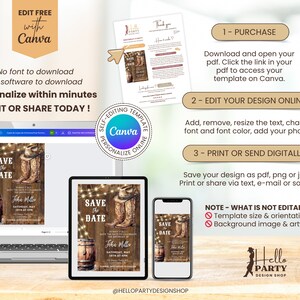 May include: Editable Save the Date template for a rustic wedding with a wooden background, string lights, cowboy boots, and a barrel. The text says "Save the Date" and "John Miller".