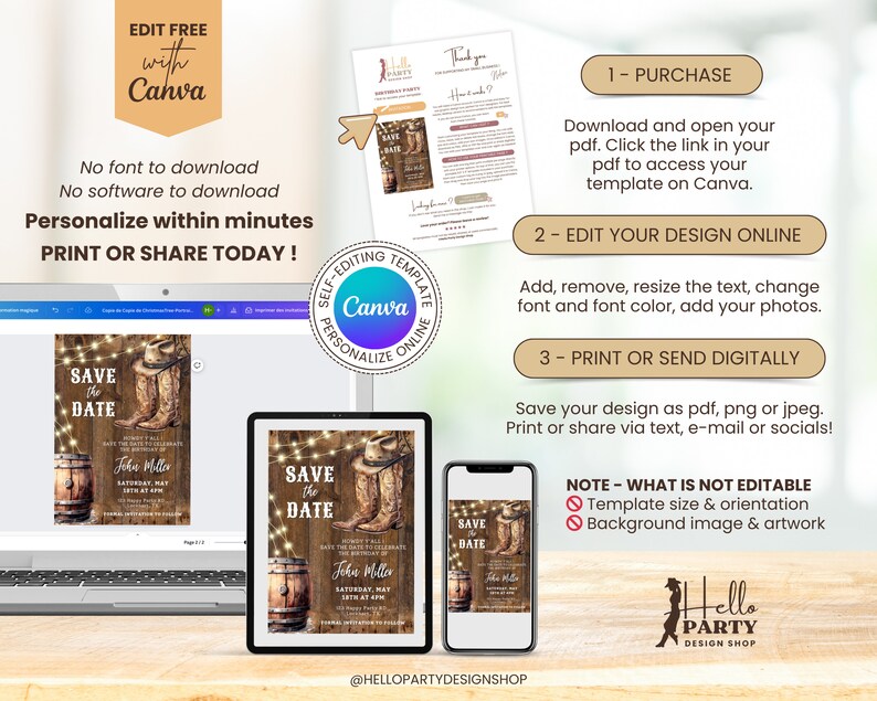 May include: Editable Save the Date template for a rustic wedding with a wooden background, string lights, cowboy boots, and a barrel. The text says "Save the Date" and "John Miller".