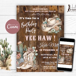Convite de aniversário de cowgirl rosa boho editável - convite digital ocidental Yee Haw chapéu floral rústico botas modelo para impressão CG6