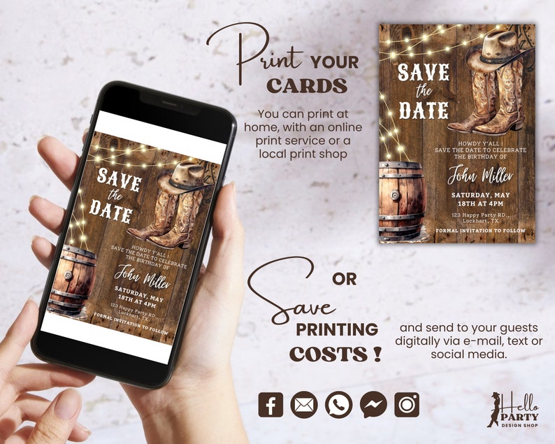 May include: A rustic save the date card with a wooden background, string lights, a barrel, and cowboy boots. The text reads "Howdy Y'all! Save the date to celebrate the birthday of John Miller, Saturday, May 18th at 4pm, 123 Happy Party Rd, Lockhart, TX. Formal invitation to follow."