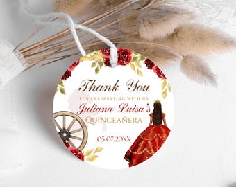 Editable Red & Gold Quinceanera Favor Tag, Printable Thank you Label, Canva Instant Download QR11