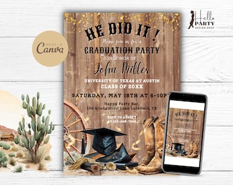 Editable Western Graduation Party Invitation - Digital Invite Rustic Country College Grad Cap Cowboy Boots Printable Template Class Of GPB1