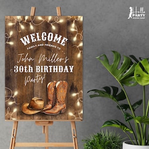 Letrero de bienvenida editable del oeste, letrero de bienvenida para cumpleaños de vaqueros, póster imprimible para fiesta del oeste, letrero digital, decoración para fiesta campestre, Canva CB30