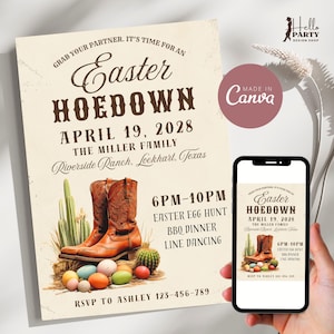 Invito stampabile per la festa di Pasqua, volantino per la festa di Pasqua, invito digitale per la caccia alle uova da cowboy di Pasqua, biglietto di auguri per la danza di Pasqua in linea Canva EH3