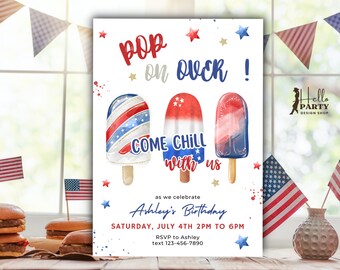 4. Juli Geburtstagseinladung, Popsicle Party einladen, Komm Chill mit uns, bearbeitbare Vorlage