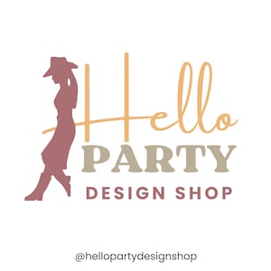 May include: A logo for a party design shop called "Hello Party Design Shop" with a silhouette of a cowgirl in a pink cowboy hat and boots. The text is in a light brown color.