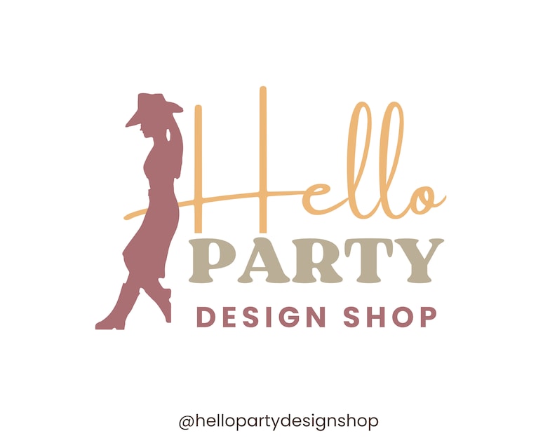 May include: A logo for a party design shop called "Hello Party Design Shop" with a silhouette of a cowgirl in a pink cowboy hat and boots. The text is in a light brown color.