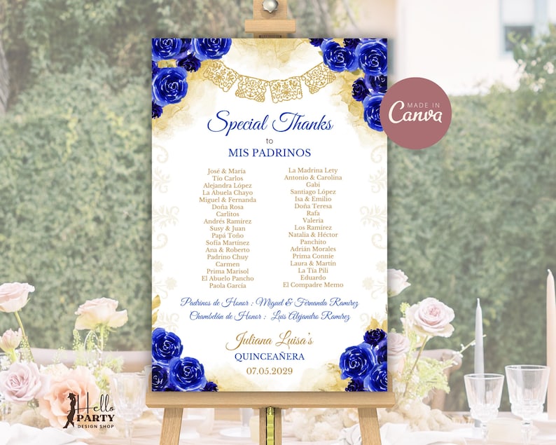 Editable Quinceañera Thank You Padrinos Sign, Royal Blue Gold, Special ...