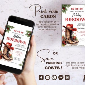 K&ouml;nnte beinhalten: Eine digitale Einladung f&uuml;r eine Holiday Hoedown Party, die auf einem Smartphone-Bildschirm und als Ausdruck zu sehen ist. Das Design zeigt einen roten Cowboyhut, braune Lederstiefel, Tannenzweige und rote Beeren mit Textdetails.