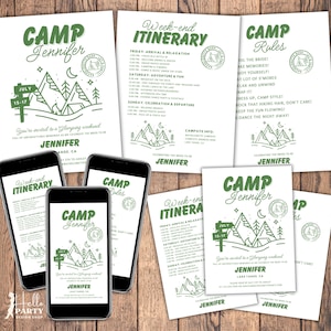 Camp Bachelorette Party Invitation, Camping Bachelorette Itinerary, Bachelorette Camp Rules, Mountain Bachelorette Girls Trip, Canva BP1