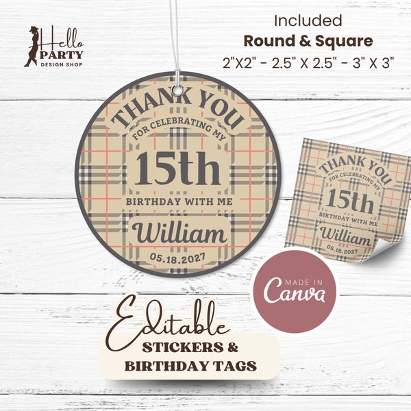 Editable Burberry Birthday Party Favor Tag - Thank you Stickers -Teenage Gifts Classy Chic British Tartan Pattern - Beige Plaid Printable