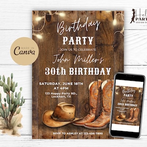 Invito per festa di compleanno del 30° anniversario in stile western, invito digitale da cowboy del selvaggio West, modello Canva stampabile con stivali di cactus rustici CB1-30