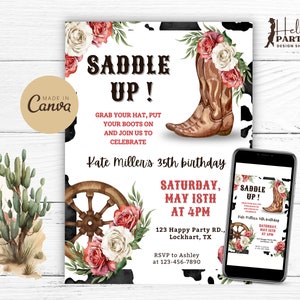 Editable Pink Red Cowgirl Boots Birthday Party Invitation -Western Saddle Up Digital Invite Rustic Country Rose Cow Printable Template CG11