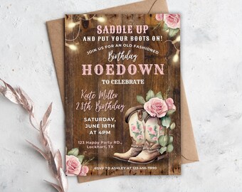Editable Cowgirl Invitation, Hoedown Birthday Party, Western Floral Boots, Rustic Country, Digital Canva CG02