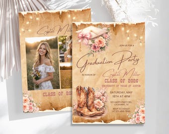 Bearbeitbare Floral Western Graduierung Ankündigung Fotokarte, Coquette Cowgirl Grad Party Einladung, Canva GR14